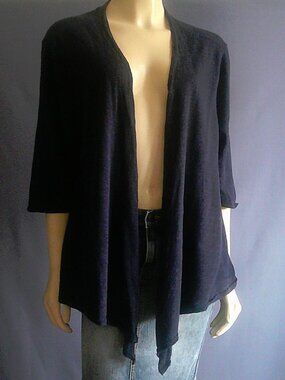 Eileen Fisher Navy Linen Knit Open Cascading 3/4 Sleeve Cardigan 2X